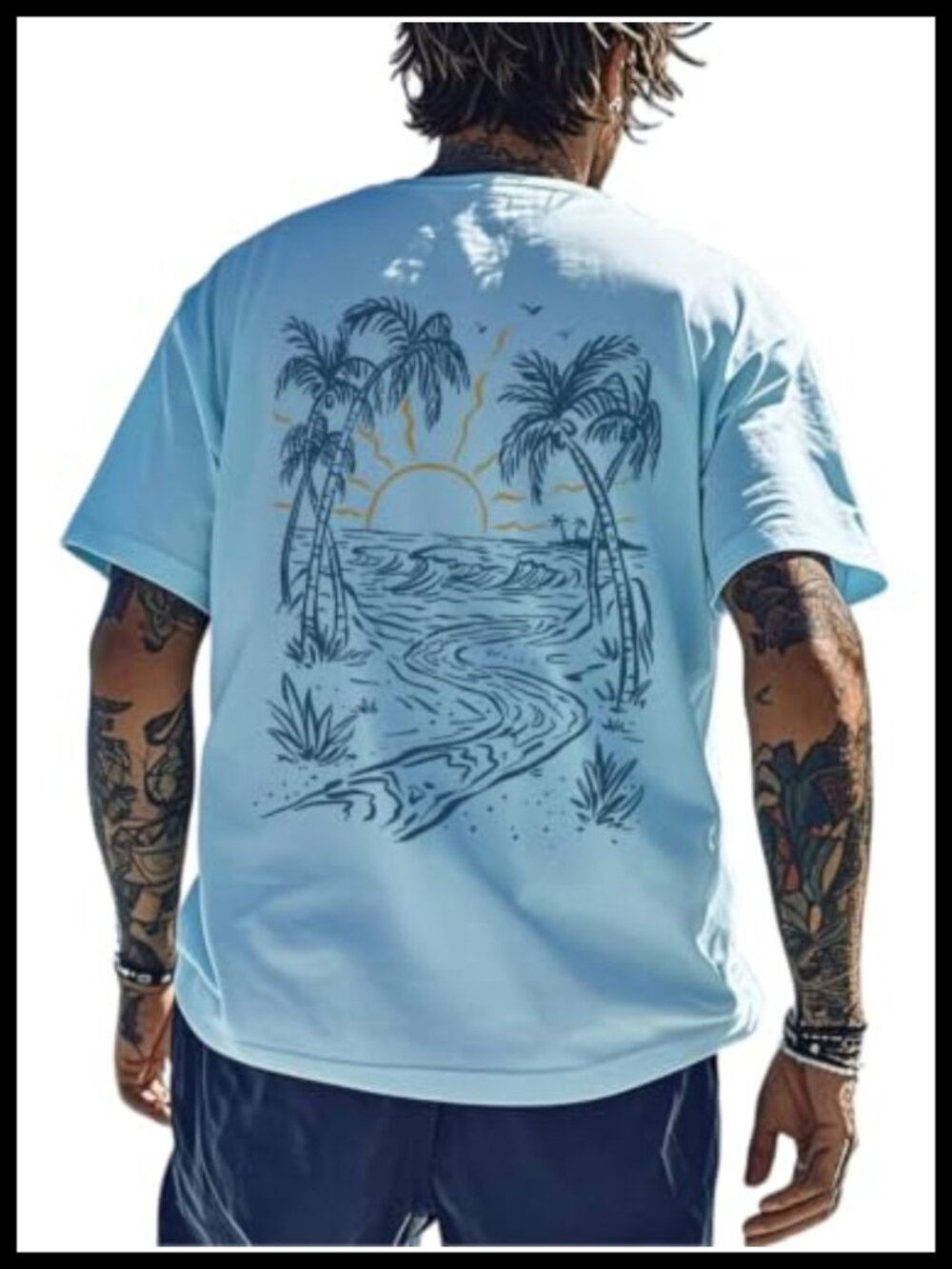 Men's Graphic Tropical Beach Sunset Print Short Sleeve Crewneck Tee